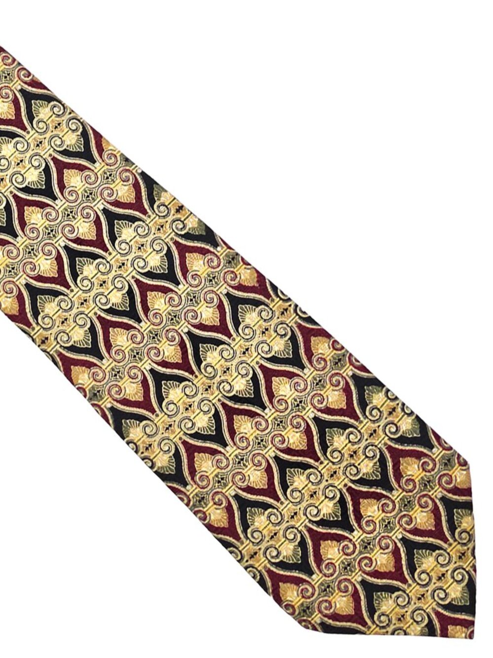 Fierte srl Black Maroon Gold Scrolls Geometric Silk Italy Tie Necktie 3.75 x 58